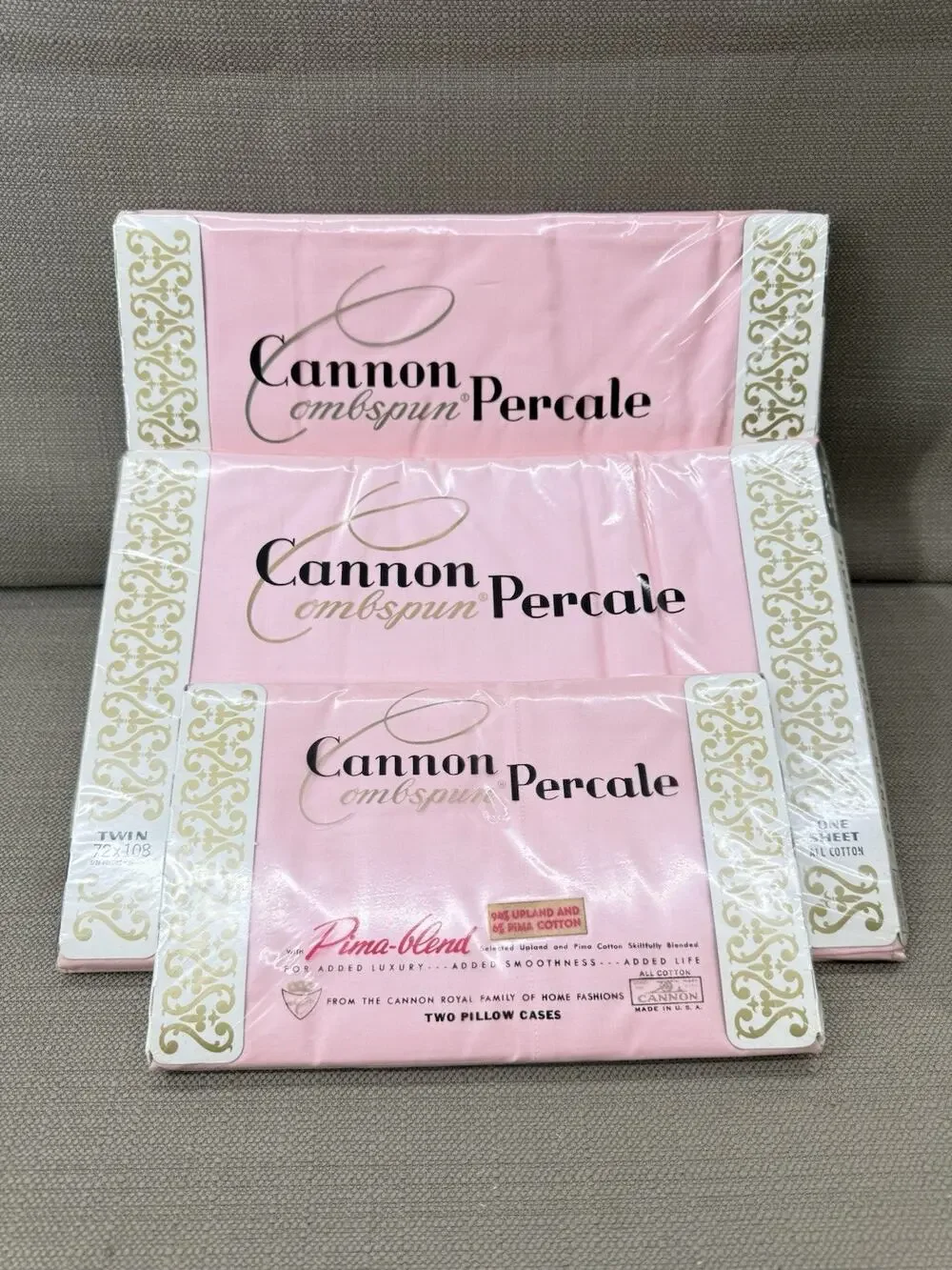 Vintage NOS Cannon Percale Twin Sheet Set Pink Pima Cotton Blend 4 Pc NIP